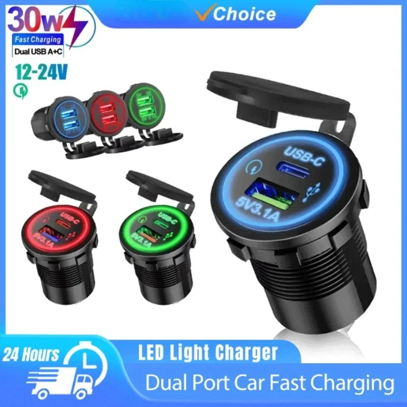 Universele autolader snel opladen motorfiets auto sigarettenaansteker LED-licht USB TYPE-C oplader stopcontact voor auto vrachtwagen