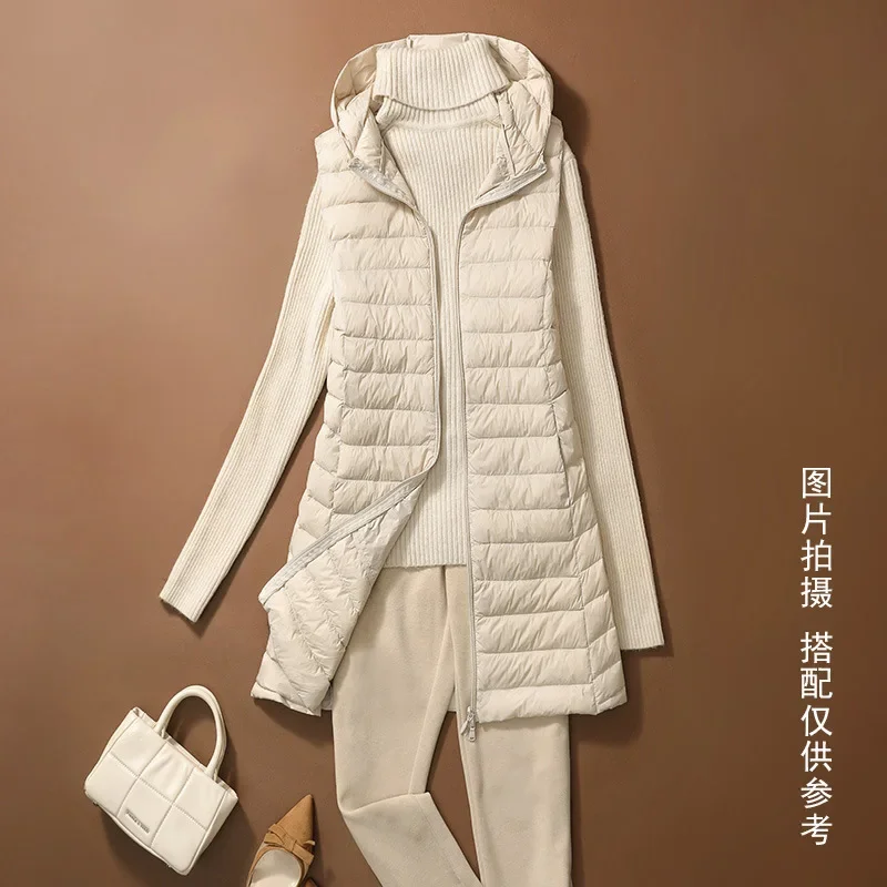 Damskie jesienno-zimowe kurtki bez rękawów z kapturem 2023 New White Duck Down Female Slim Fit Office Lady Warm Vest Coat