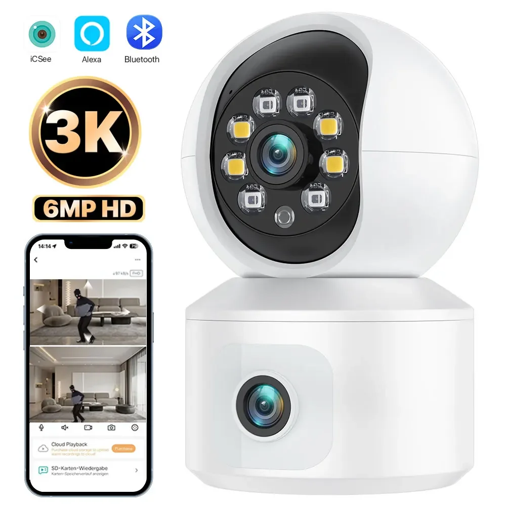 Cámara IP WiFi de 6MP, lente Dual, pantalla Dual, Monitor de bebé, cámara de seguridad para el hogar PTZ, seguimiento automático, videovigilancia CCTV iCsee