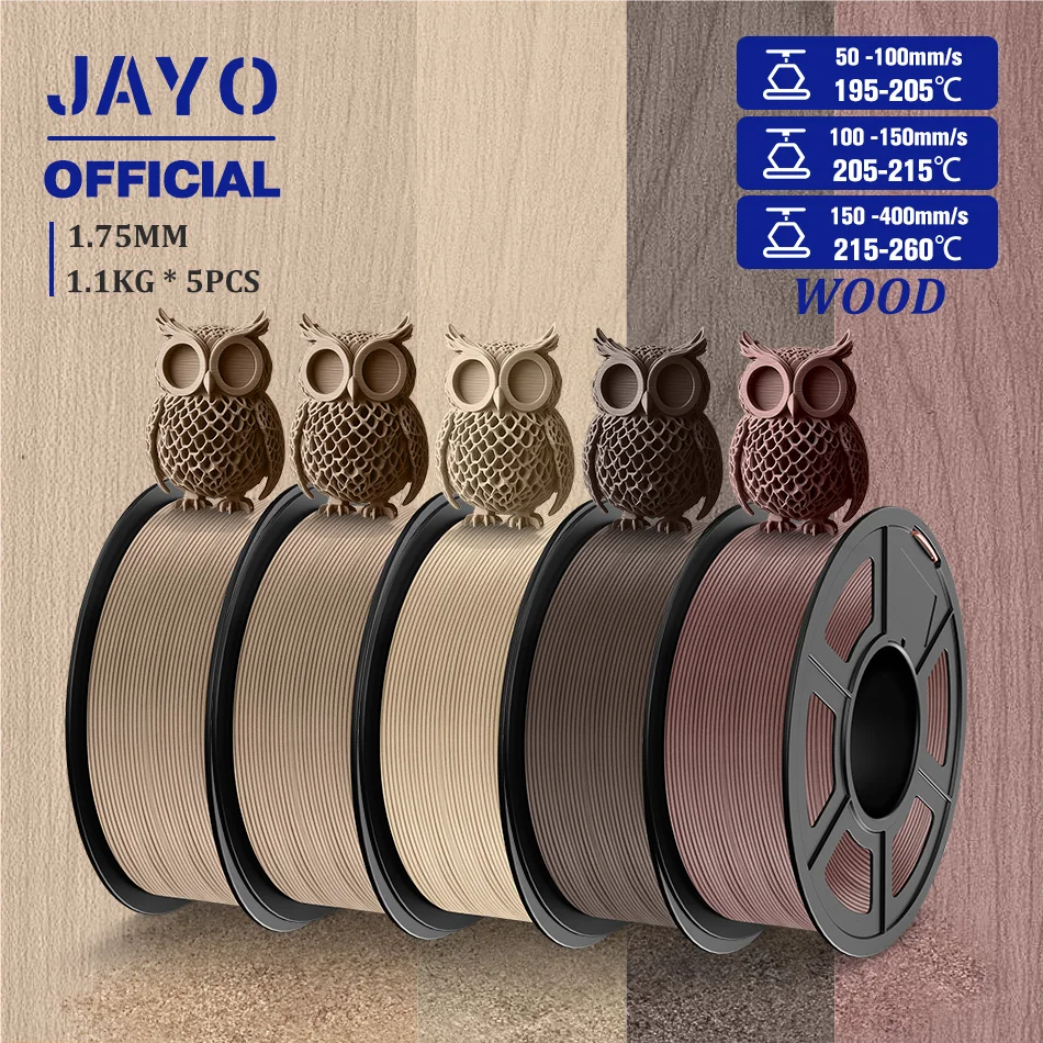 JAYO Hout PLA Filament 1.75mm 5 Rolls Echte Houtvezel 3D Filament Voor FDM 3D Printers 15% Houtvezels 3D-printmaterialen