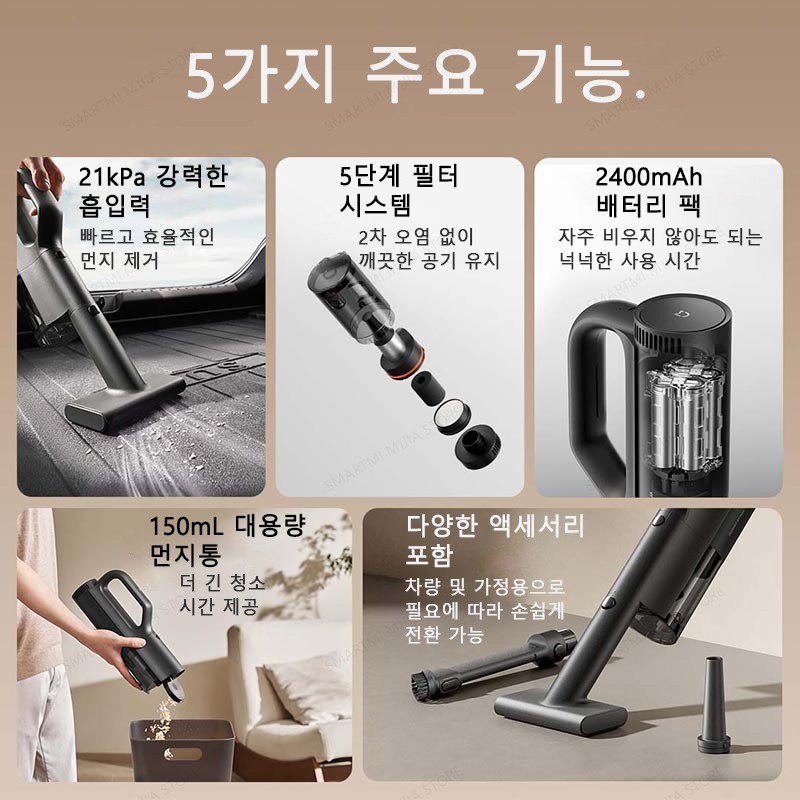 XIAOMI MIJIA 자동차 진공 청소기 21kPa 흡입, Type-C 고속 충전, 150mL 먼지 컵, 가정용 무선 진공 청소기, 2400mAh 배터리