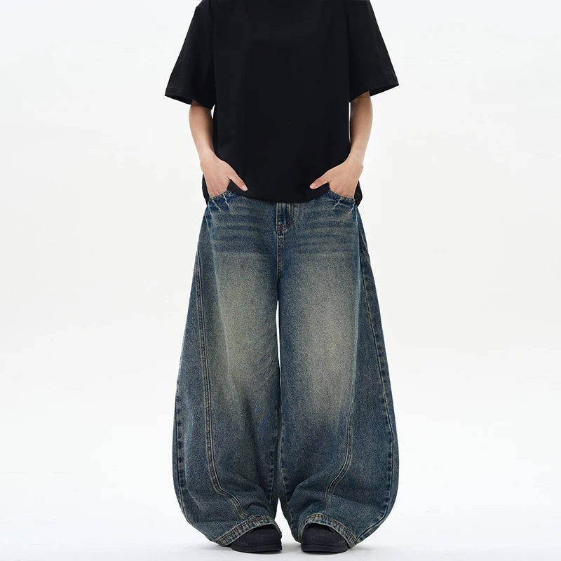 Pantalones vaqueros de pierna ancha de gran tamaño para hombre, pantalones vaqueros holgados Vintage de retazos con rayos agrietados, ropa de calle para hombre, primavera 2025