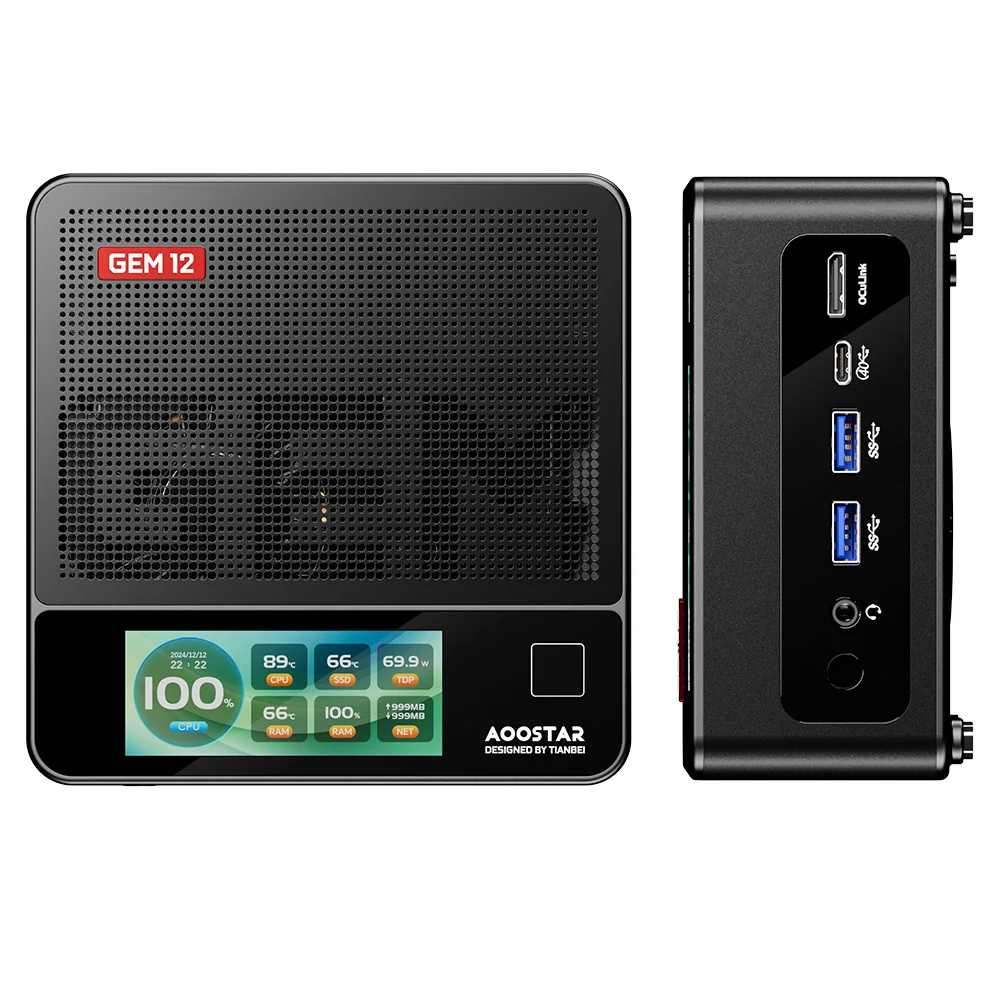 AOOSTAR GEM12 Pro Max mini-pc met display, vingerafdrukontgrendeling, AMD Ryzen 7 8845HS 8 Core Max 5,1 GHz, 32 GB DDR5 RAM 1 TB SSD