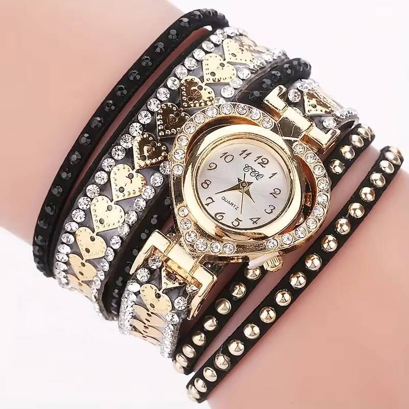 Moda strass relógios femininos coração dial relógio de quartzo pulseira de couro longo relógio de pulso reloj mujer meninas presente