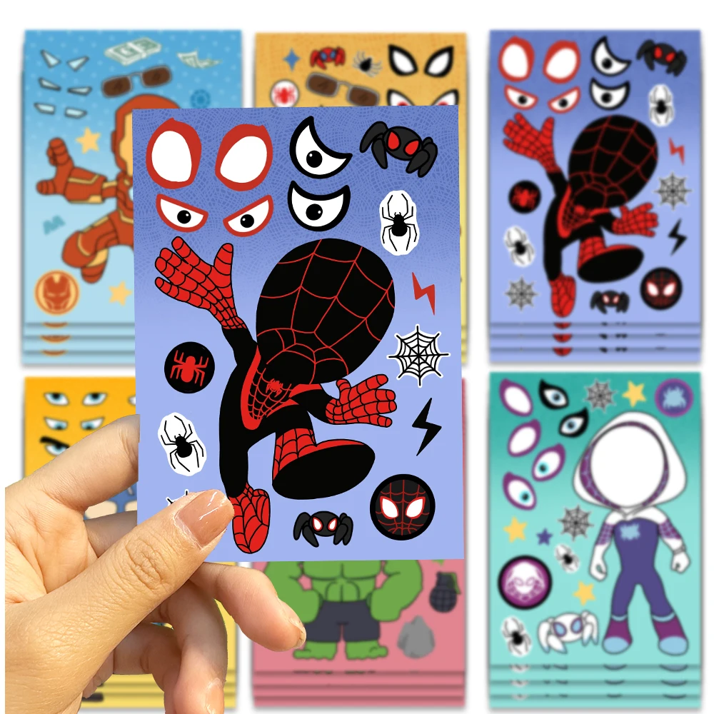 8/16/24 Uds SpiderMan Iron Man pegatina hacer una cara niños DIY rompecabezas divertido Anime montar pegatinas juguetes para niños niñas regalos
