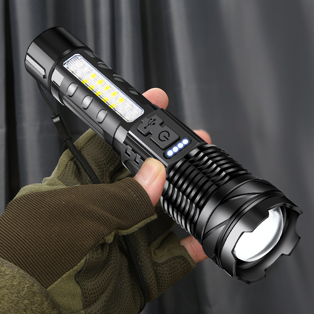 Hochstarke LED-Taschenlampen, USB wiederaufladbar, taktisches Licht, Notfallscheinwerfer, Teleskop-Jetbeam, eingebaute Batterie-Taschenlampe