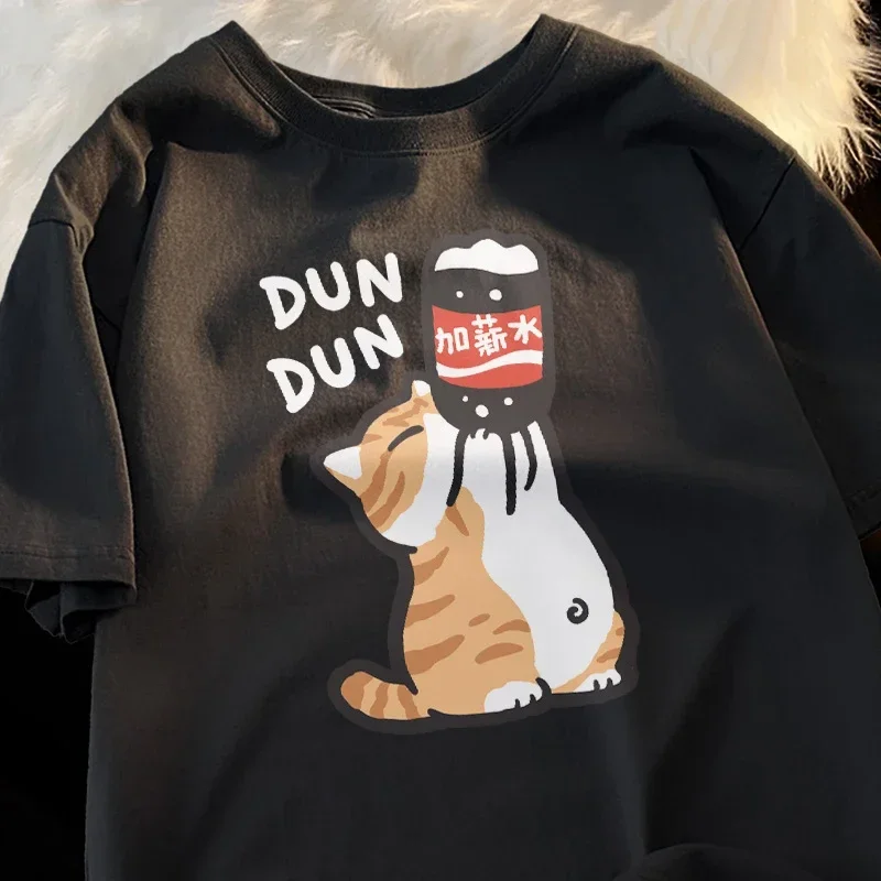 Estilo chinoiserie engraçado verão retro tendência dos desenhos animados gatinho impressão camiseta, homens e mulheres design solto amantes casual manga curta