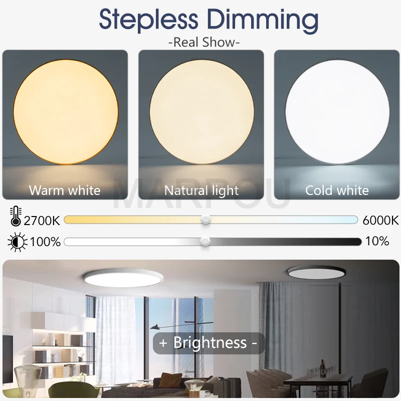 MARPOU โคมไฟเพดานอัจฉริยะ โคมไฟ LED สําหรับห้องนอน โคมไฟเพดานขนาดใหญ่ ไฟ LED พร้อมรีโมทคอนโทรล ไฟ LED หรี่แสงได้สําหรับห้อง