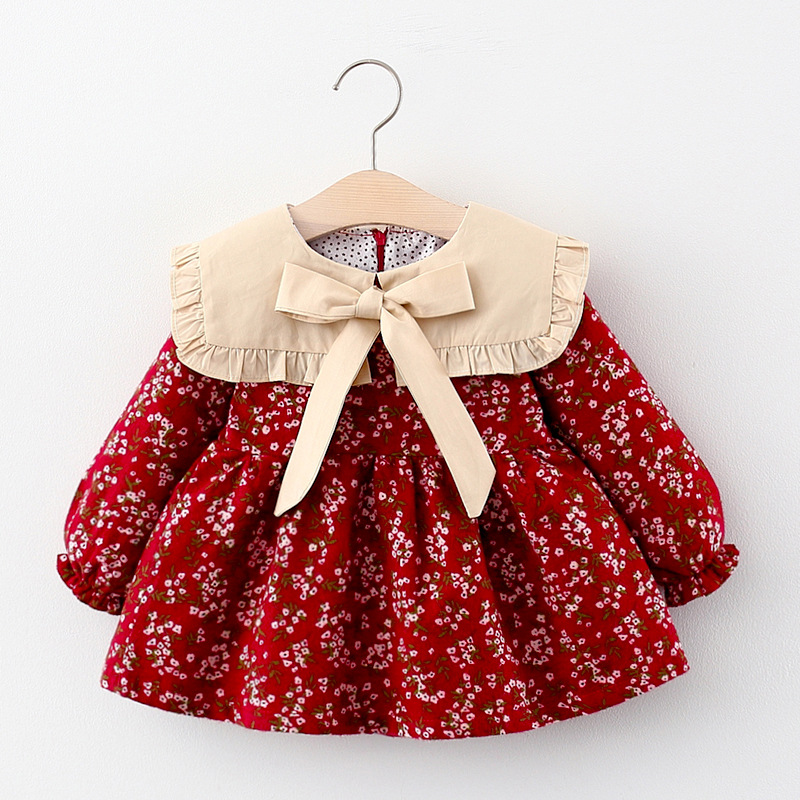 Vestido nuevo de otoño para niña, vestido de princesa de manga larga con cuello tipo Polo grande liso para niña, vestido de primavera y otoño con lazo para niña