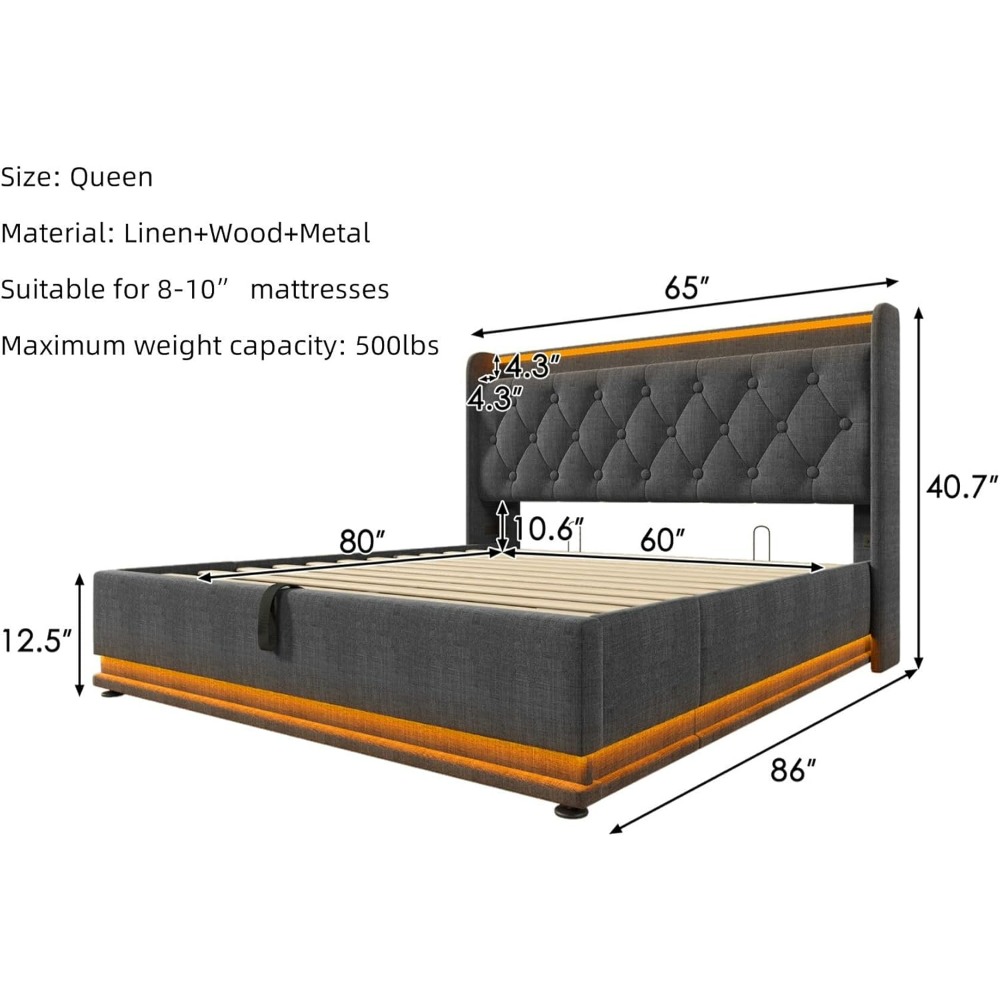 Queen Size Bed Frame with Storage, 360 Surround LED Lights, Buttons, App or Remote Control, Upholstered Headboard Linen Platform