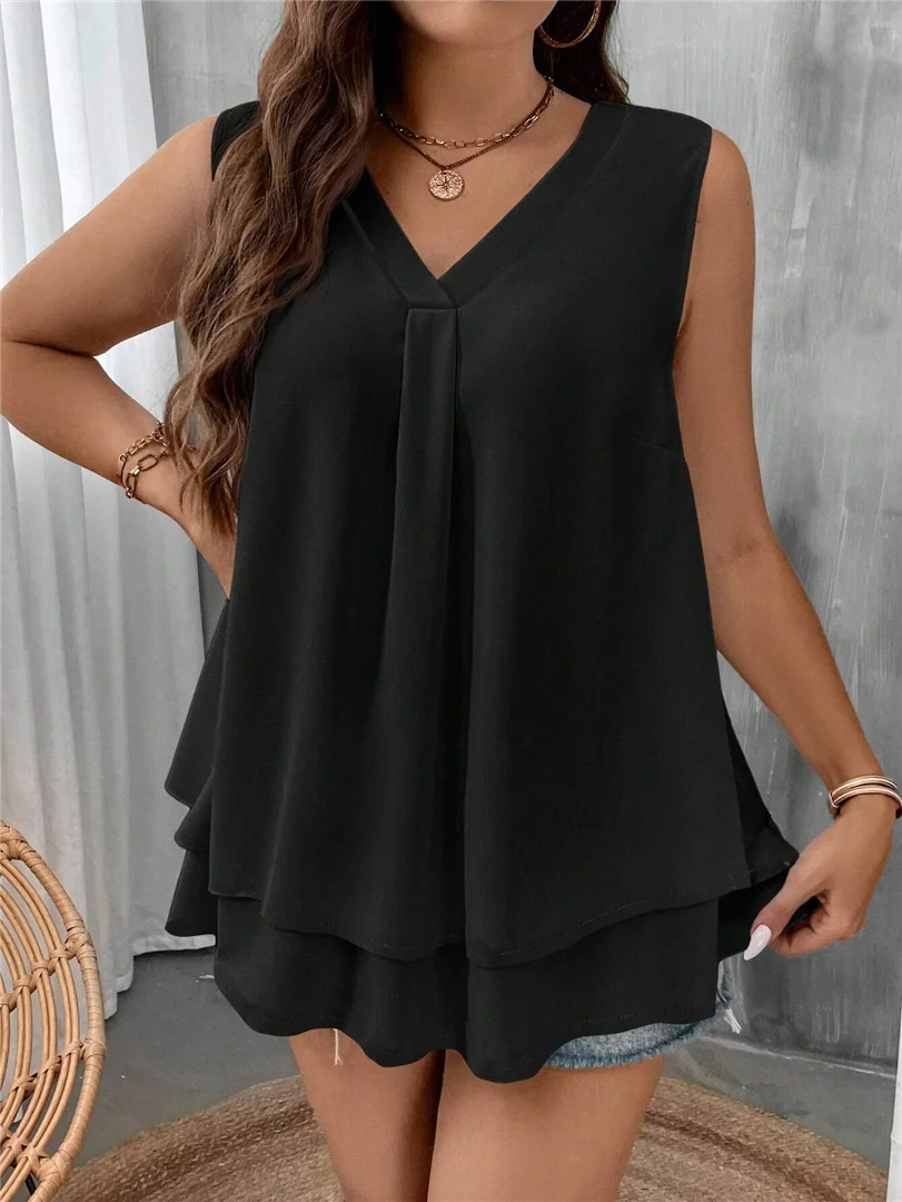 Plus size Europa en de Verenigde Staten grensoverschrijdend zomer effen kleur mouwloos V-hals vest met dubbele zoom