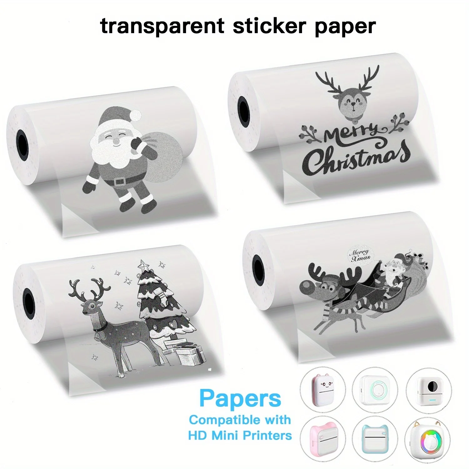 3/6/9 Rolls Clear Christmas Thermal Stickers HD Self-Adhesive Labels for Mini Portable Printer Holiday/Winter Design Clear Paper