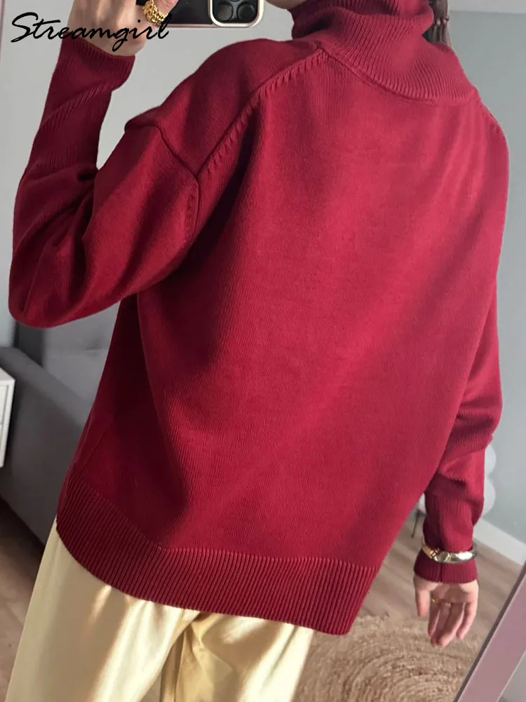 ฤดูหนาว Burgundy เสื้อกันหนาวผู้หญิงเสื้อคอเต่า WARM Pullovers ถักเสื้อสีน้ําตาลจัมเปอร์ผู้หญิงขนาดใหญ่หนา Basic เสื้อกันหนาวผู้หญิง