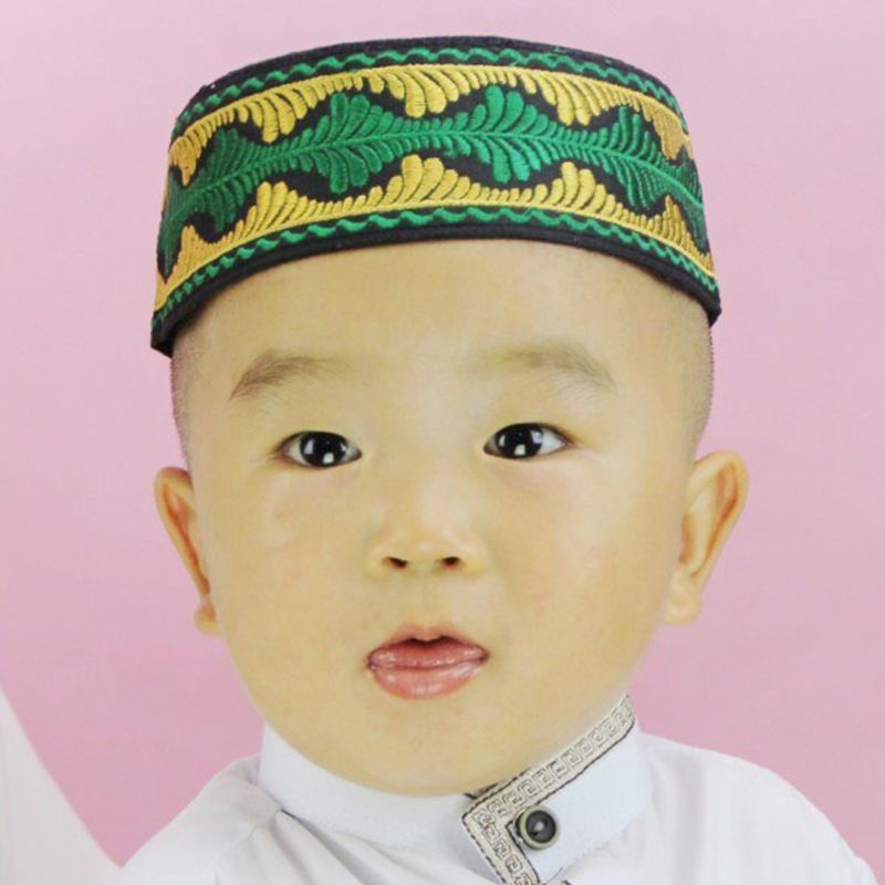 Islamic Muslim Kids Hat Boys Pray Embroidery Round Cap Saudi Arabian Prayer Beanie Accessories
