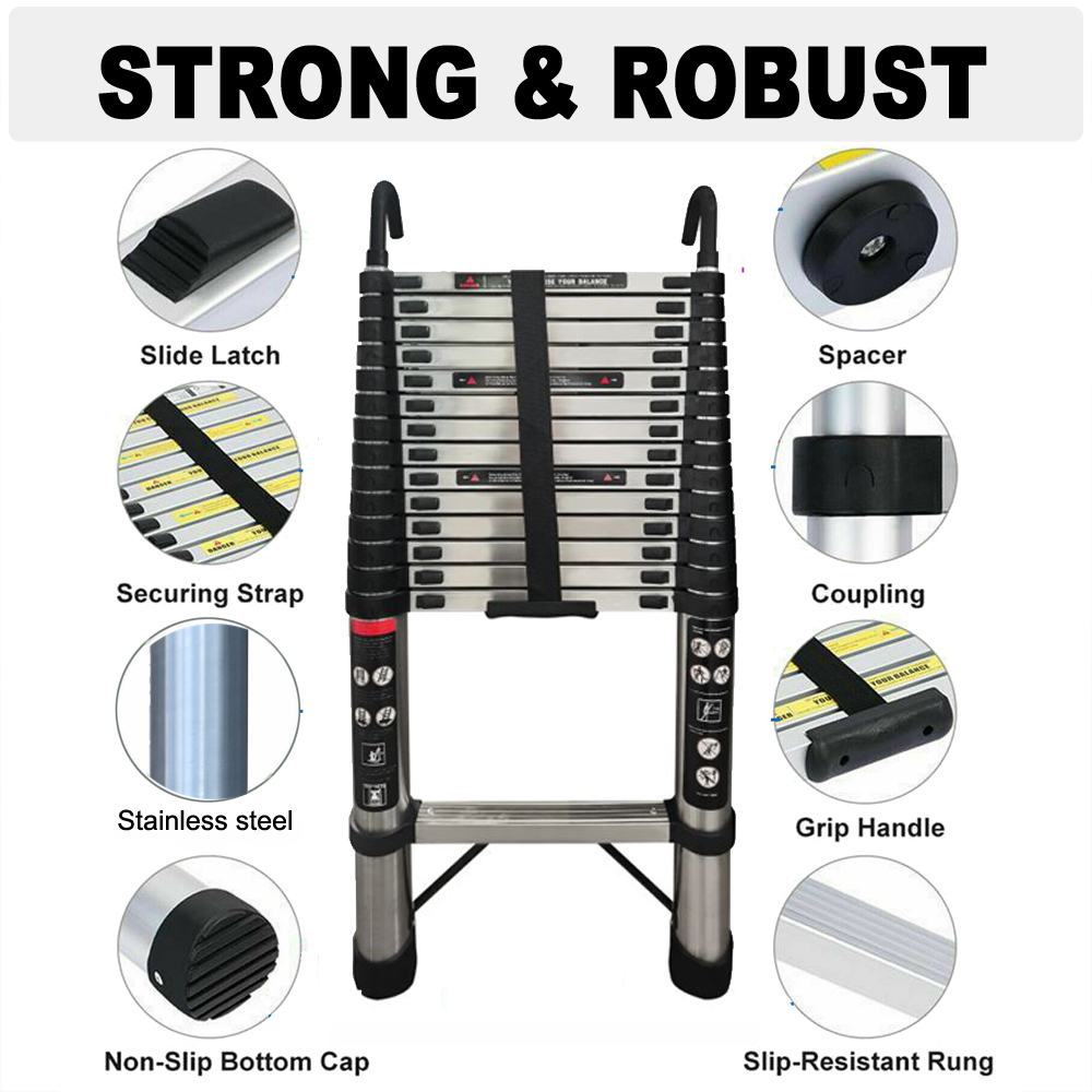 4.4m/5m Telescopic Extension Ladder with 2 Detachable Hooks, Sturdy Stainless Steel  EN131 Standard, 150kg Load Capacity