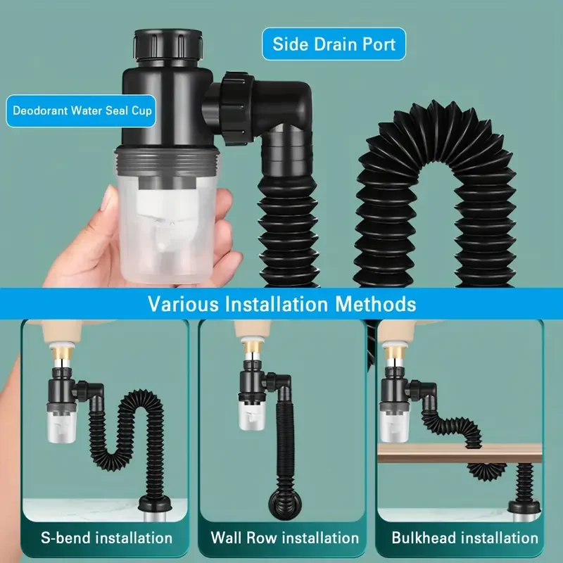 Universal Easy-Fit P-Trap: ชุดท่อระบายน้ําอ่างล้างจานป้องกันการรั่วและขยายได้สําหรับห้องครัว - การออกแบบพลาสติกที่ทนทาน