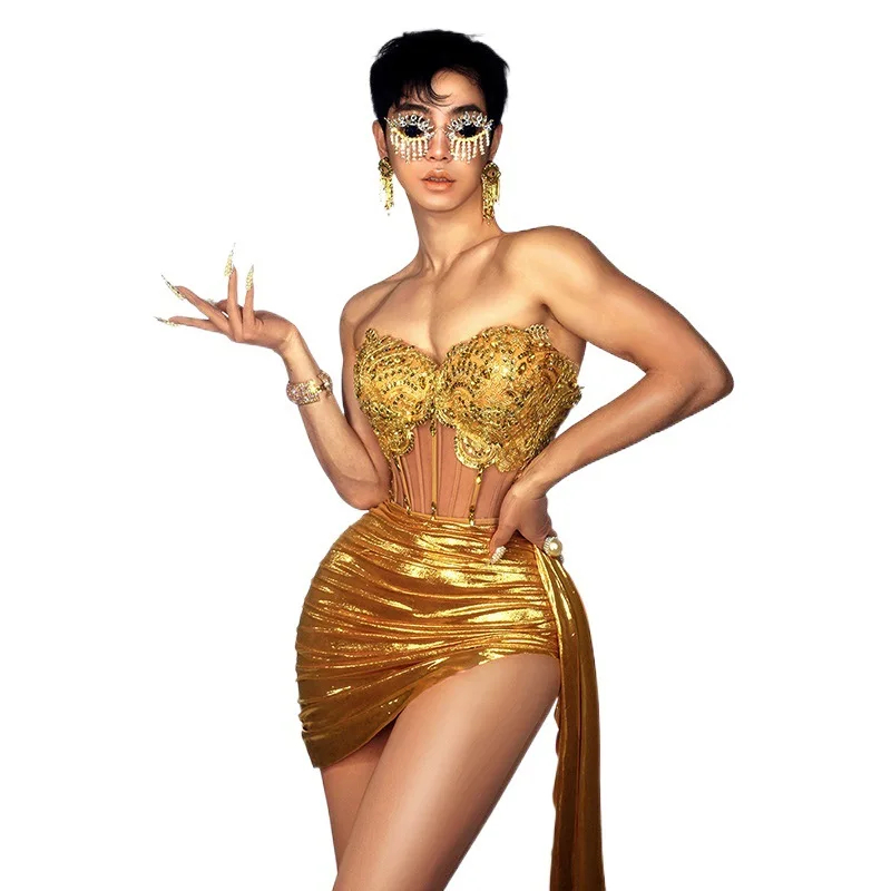 Glamouroso conjunto de tubo de strass para festa de aniversário e performance de palco com saia de cintura sexy roupa de boate vestidos metálicos
