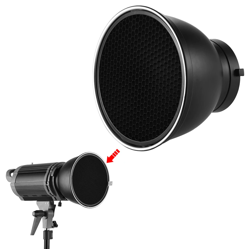 Andoer 7 Zoll Standard-Lampenschirm mit Reflektordiffusor und 60 °   Wabengitter für Bowens Mount Studio Strobe Flash Light Speedlite