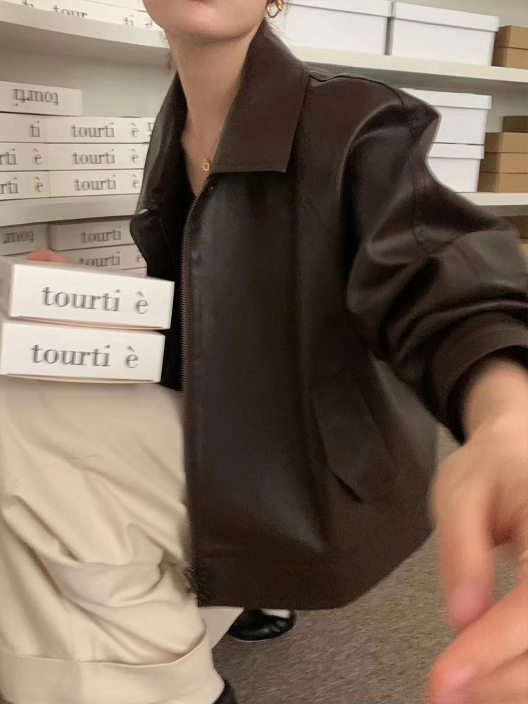 Chic Women's Leather Jacket Coat Loose BF Sle Vintage Collar Spring 2024 New Arrival Versatile Motorcycle Clothing