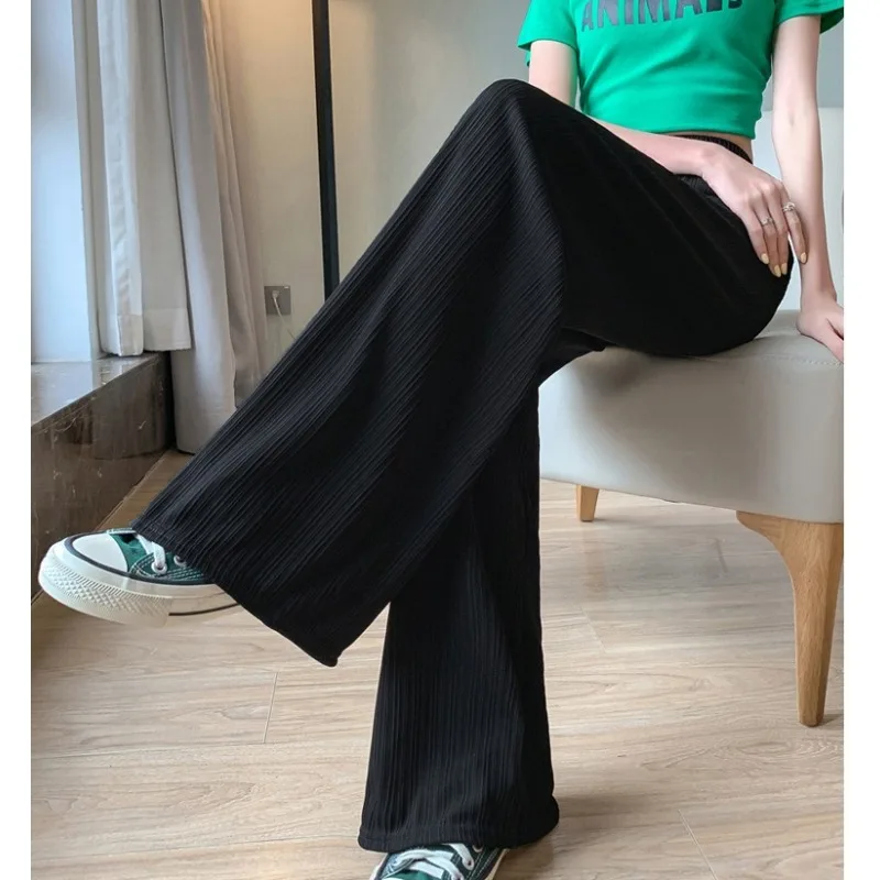 Calça feminina larga de seda no gelo, chiffon fino, cintura alta, calça reta solta, moda casual, coreana, flácida, primavera e verão, 2024