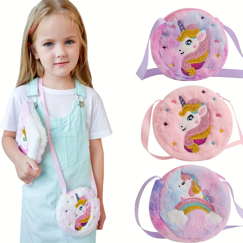 2-teilige Cartoon-Einhorn-Umhängetasche für Kinder, niedliche Plüsch-Umhängetasche für Mädchen, kleiner Rucksack, geeignet für Schul- und Urlaubsgeschenke