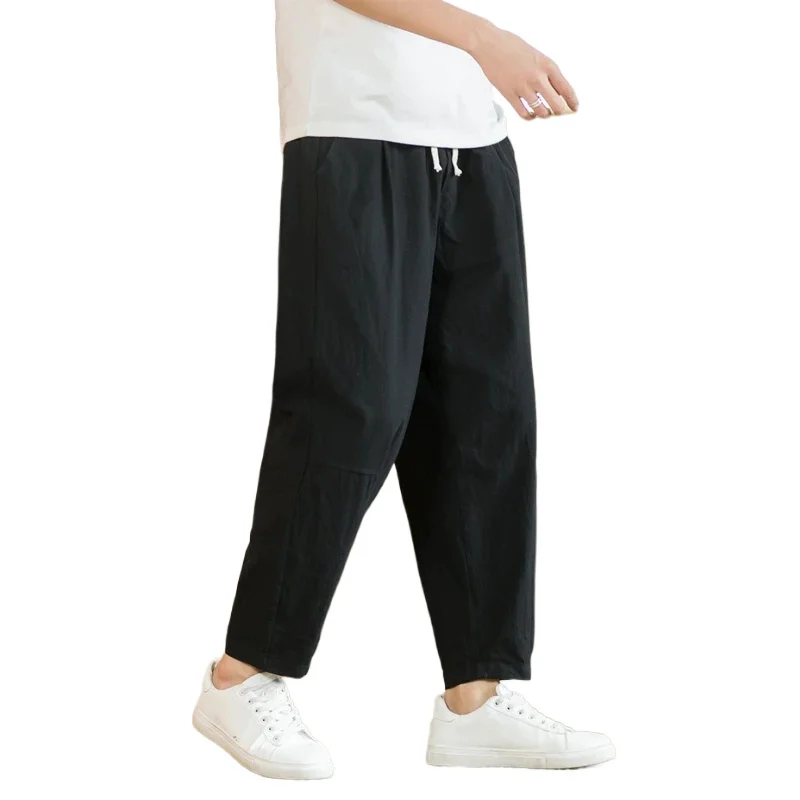 ใหม่ผ้าฝ้ายลินินบุรุษกางเกงสบายๆสีทึบBreathable StreetwearหลวมตรงDrawstring Baggyน้ําหนักเบากางเกงกีฬา
