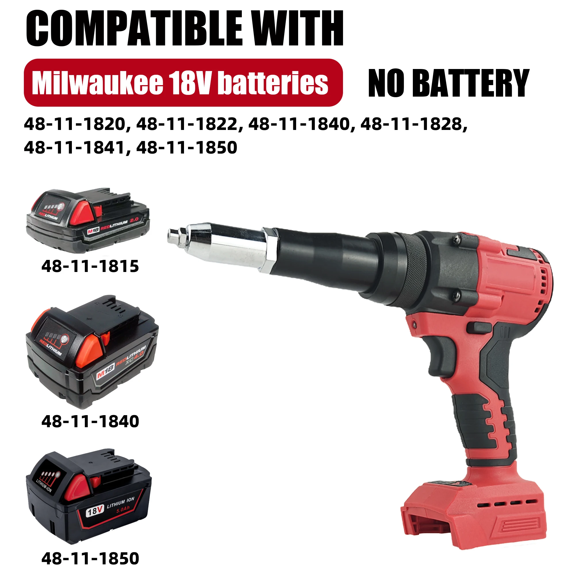 Pistolet à rivets électrique sans balais 2.4mm-4.8mm, outil manuel à rivets automatique avec lumière LED (piles non incluses)