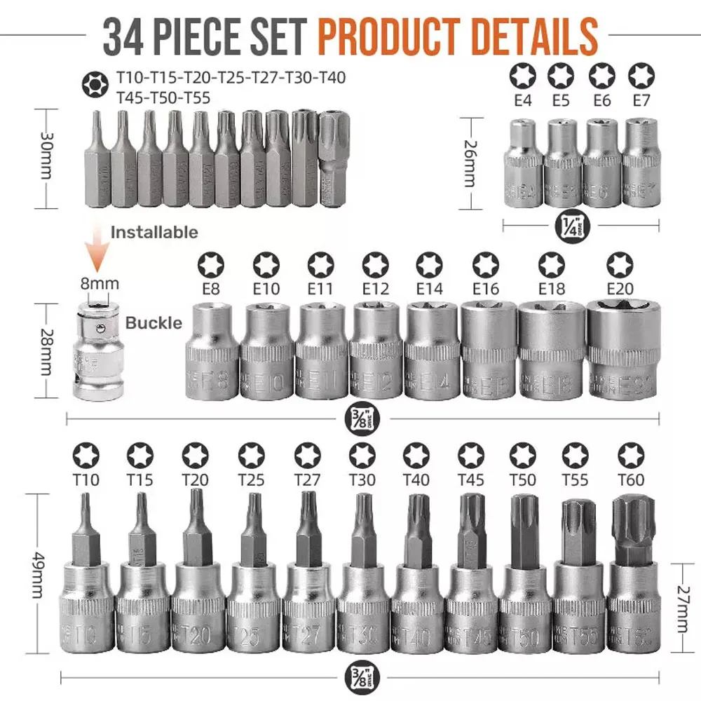 Professional 34pcs Torx Bit Socket & E-Torx Star Socket Set 1/4" 3/8" 1/2" Drive Male Female E-torx Bits Handheld Tool with Case