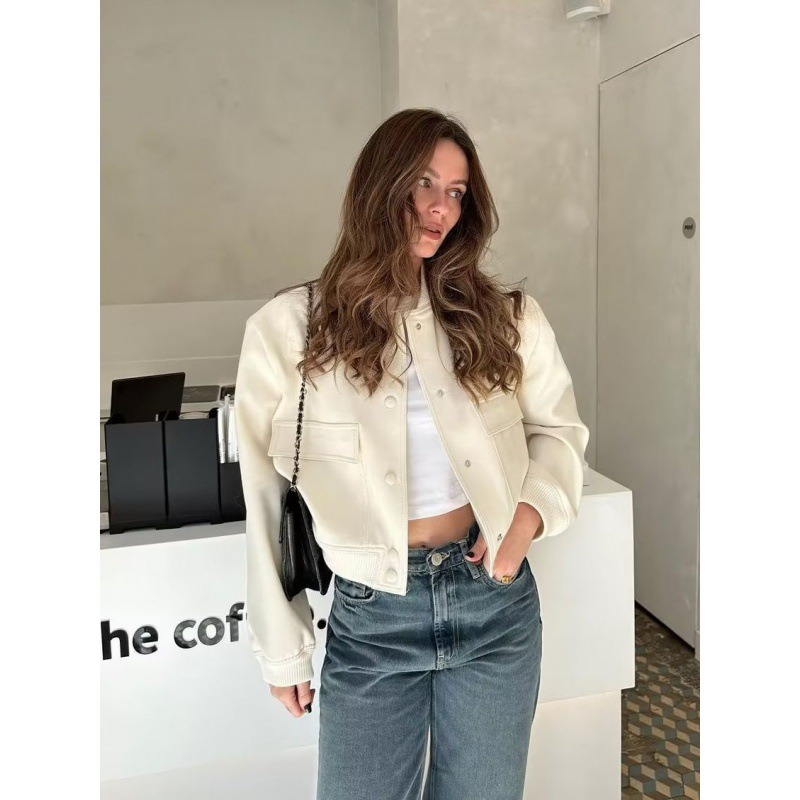 MUJER 2025 Giacca bomber da donna Bianca Autunno Inverno Bottoni Giacche corte per le donne Moda Manica lunga Donna Cappotti Capispalla