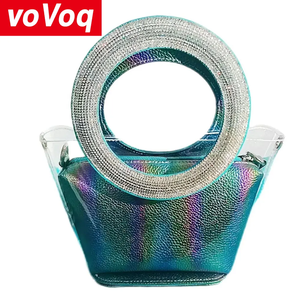 Transparente PVC-Verbundtasche, luxuriöse Strass-Runde handgehaltene Bing-Handtasche für Damen, Hochzeit, Business, Party