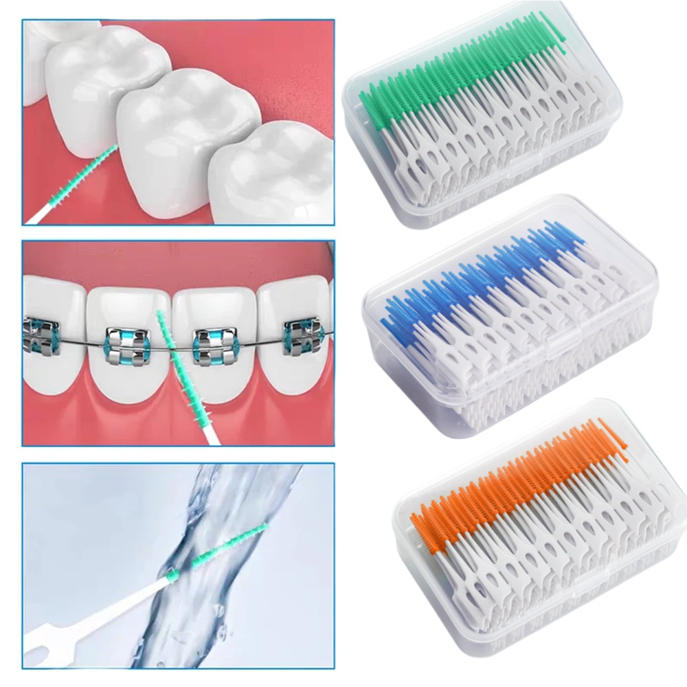 200pcs/box Interdental Brushes Dental Soft Toothpicks Brush Between Teeth with Thread Disposable Orthodontic Oral Cleaning Tools