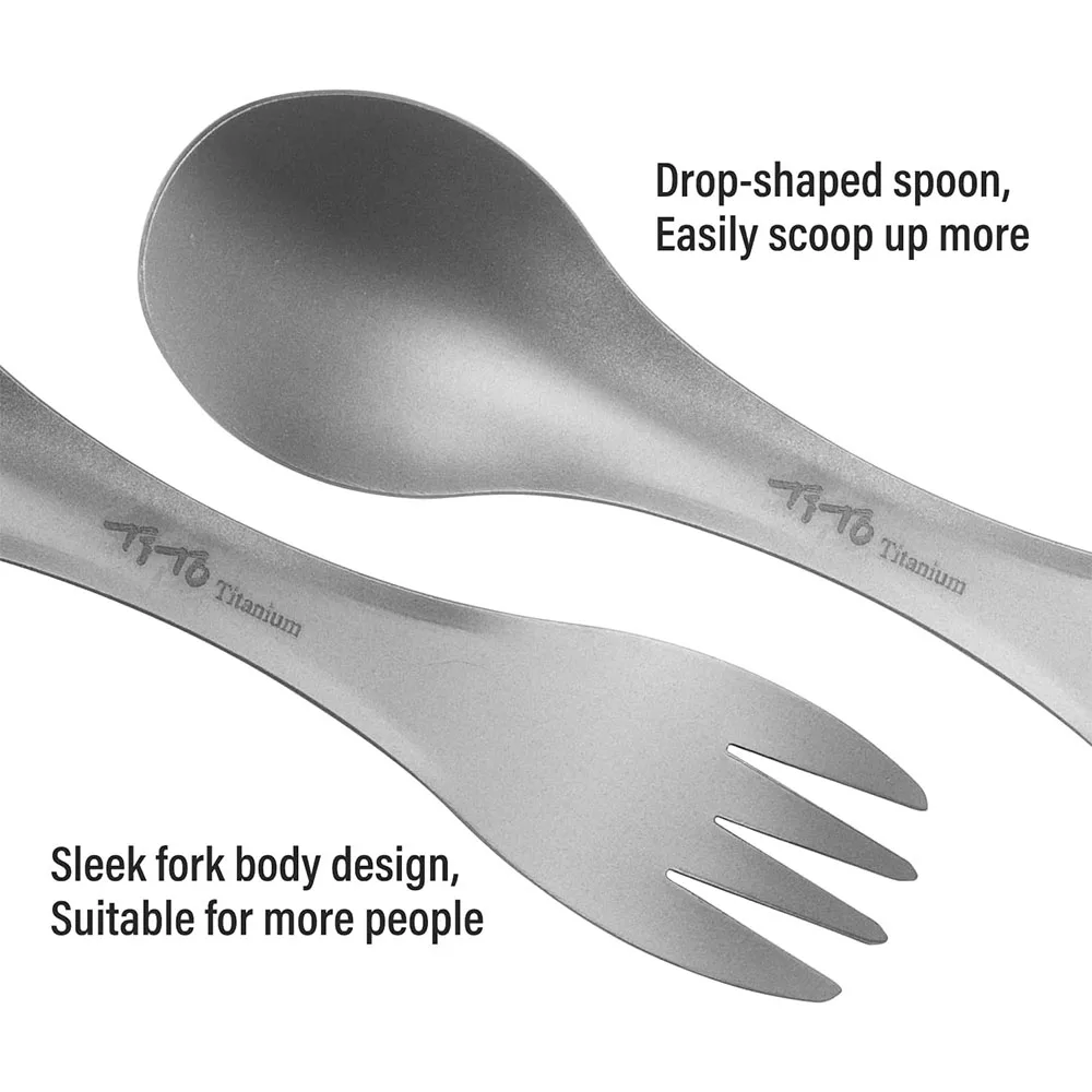 2 ชิ้นไทเทเนียม Spork 2-in-1 ช้อน Ultralight เครื่องครัวแบบพกพามีดส้อมกลางแจ้ง Camping Picnic Travel เป็นมิตรกับสิ่งแวดล้อม Flatware