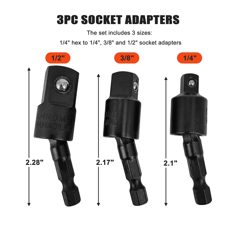 360°Rotatable Electric Power Drill Sockets Adapter Sets for Impact Driver with Hex Shank 1/4" 3/8" 1/2"