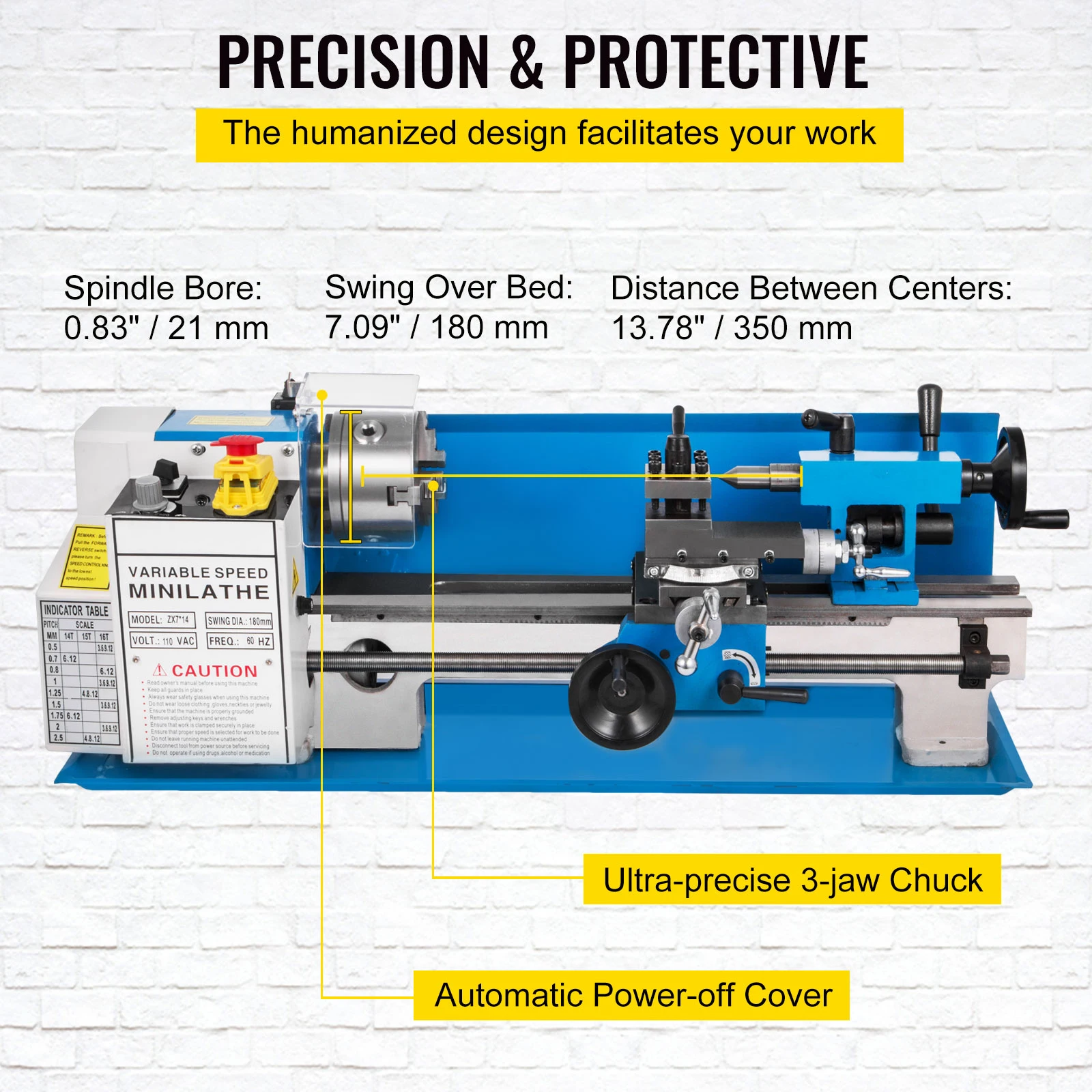 SucceBuy Mini Metal Lathe Machine 7"x14" 550W 180x350mm Variable Speed + 3 Jaw Chuck for Metalworking Turning Drilling Threading