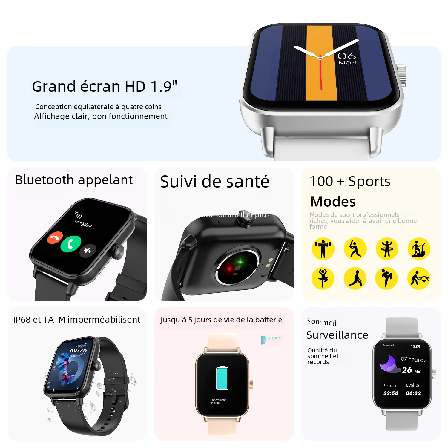 COLMI P81 appel vocal montre intelligente Ultra 1.9 pouces écran 24H moniteur de santé plus de 100 Modes sportifs, Bluetooth Smartwatch hommes femmes