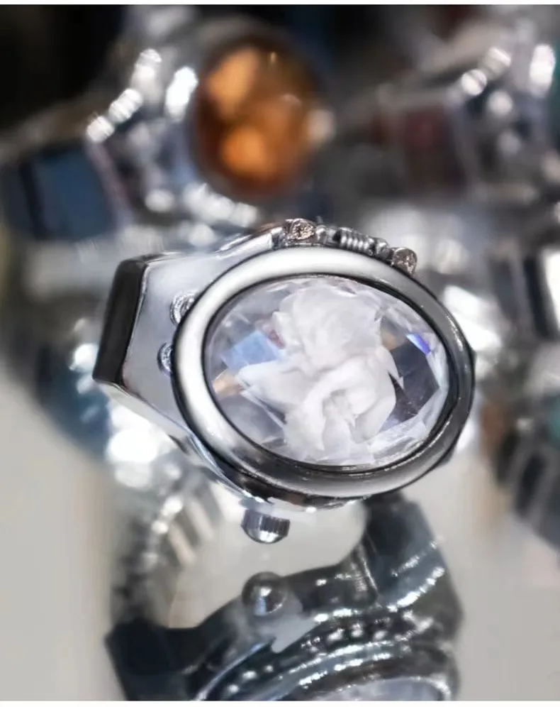 Nova gema flor clamshell mostrador branco pode ver o tempo relógio de dedo casual moda anel relógio