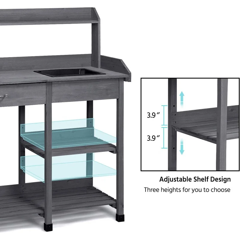 Outdoor Potting Bench Garden Workstation for Horticulture with Drawer, Adjustable Shelf, Removable Sink, Hooks & Pads