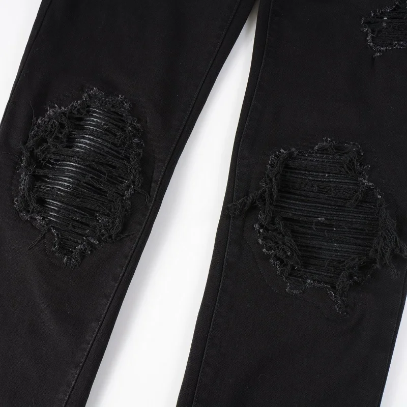 ผู้ชายหนัง Patch Biker กางเกงยีนส์สําหรับรถจักรยานยนต์ Streetwear หลุม Ripped Patchwork ยืดกางเกงยีนส์กางเกงสีดําผอมกางเกงเรียว