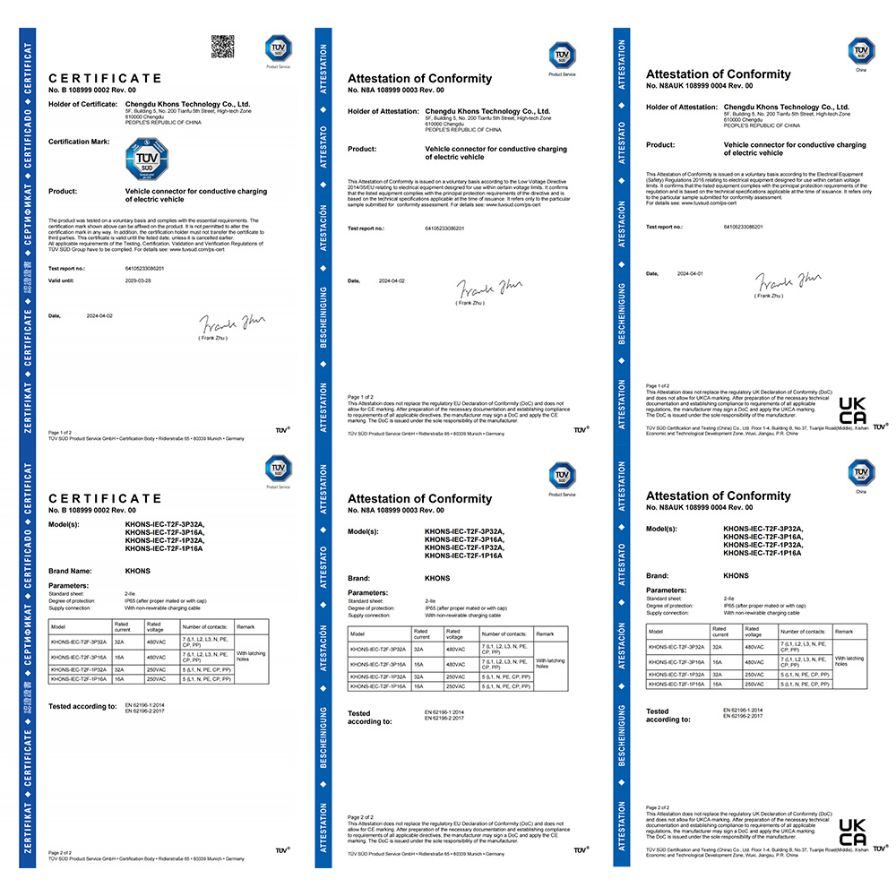 Khons EV Charging Cable Type2 To Type2 Charger Cable 22kw 32A EV Charger Female Plug To Male Plug EVSE Charging 5M TPU Cable
