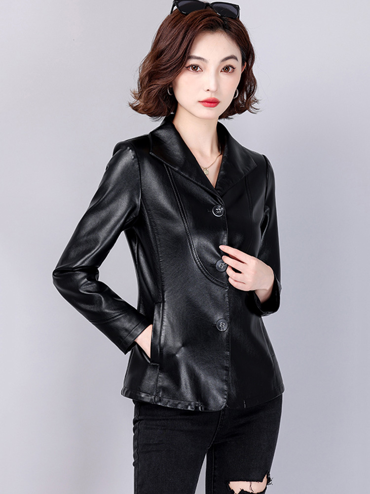New Women Leather Jacket Spring Autumn Fashion Elegant Turn-down Collar Office Lady Slim Blazer Split Leather Short Coat