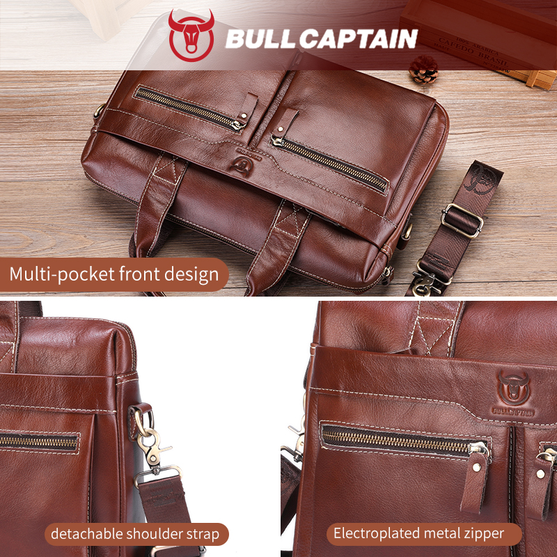 BULLCAPTAIN-maletín de hombro de cuero genuino para hombre, bolso de mano de 14 pulgadas para ordenador portátil, maletín Simple de moda para oficina y negocios