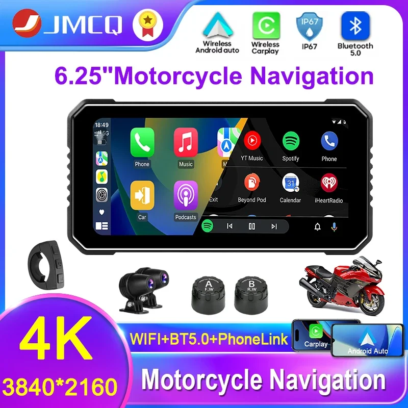 JMCQ frente 4k + trasero 1080P 6,25 pulgadas Moto DVR inalámbrico Carplay Android Auto IPX7 impermeable DVR GPS Monitor de navegación para motocicleta
