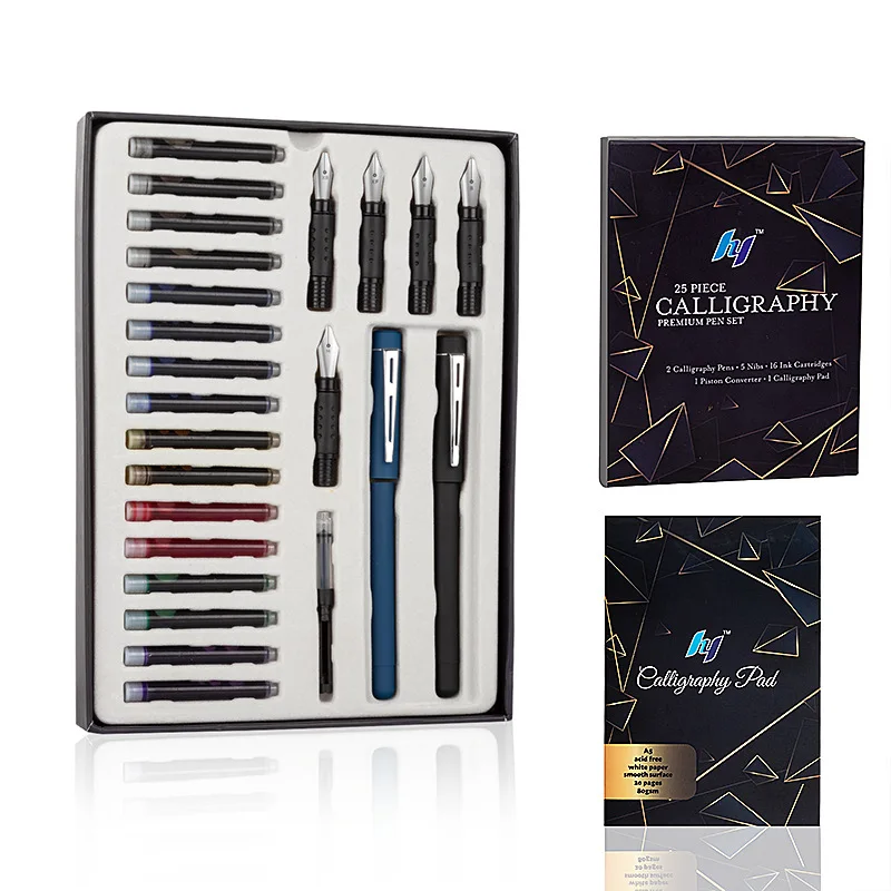25 Piece Calligraphy Pen Writing Set 2 Fountain Pens 5 Nibs 16 Ink Cartridges for Art Gothic Flower Font English Sketch Drawing