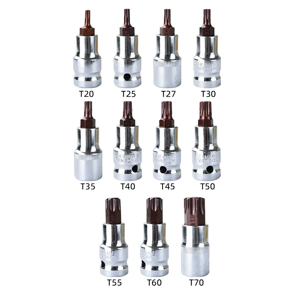 T20-T70 Torx Head Screwdriver Bit Torx Bit Sockets 1/2inch Sockets Wrenches Alloy Steel For Versatility Compatibility Hand Tools
