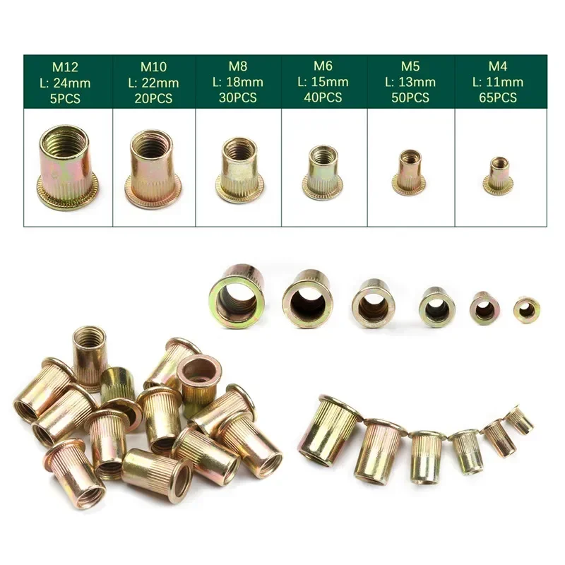 210/165/100PCS Box Nietmuttern Kohlenstoffstahl M4 M5 M6 M8 M10 M12 Flachkopf Nietmuttern Set Hardware Multi Größen Einsatz Nietmuttern