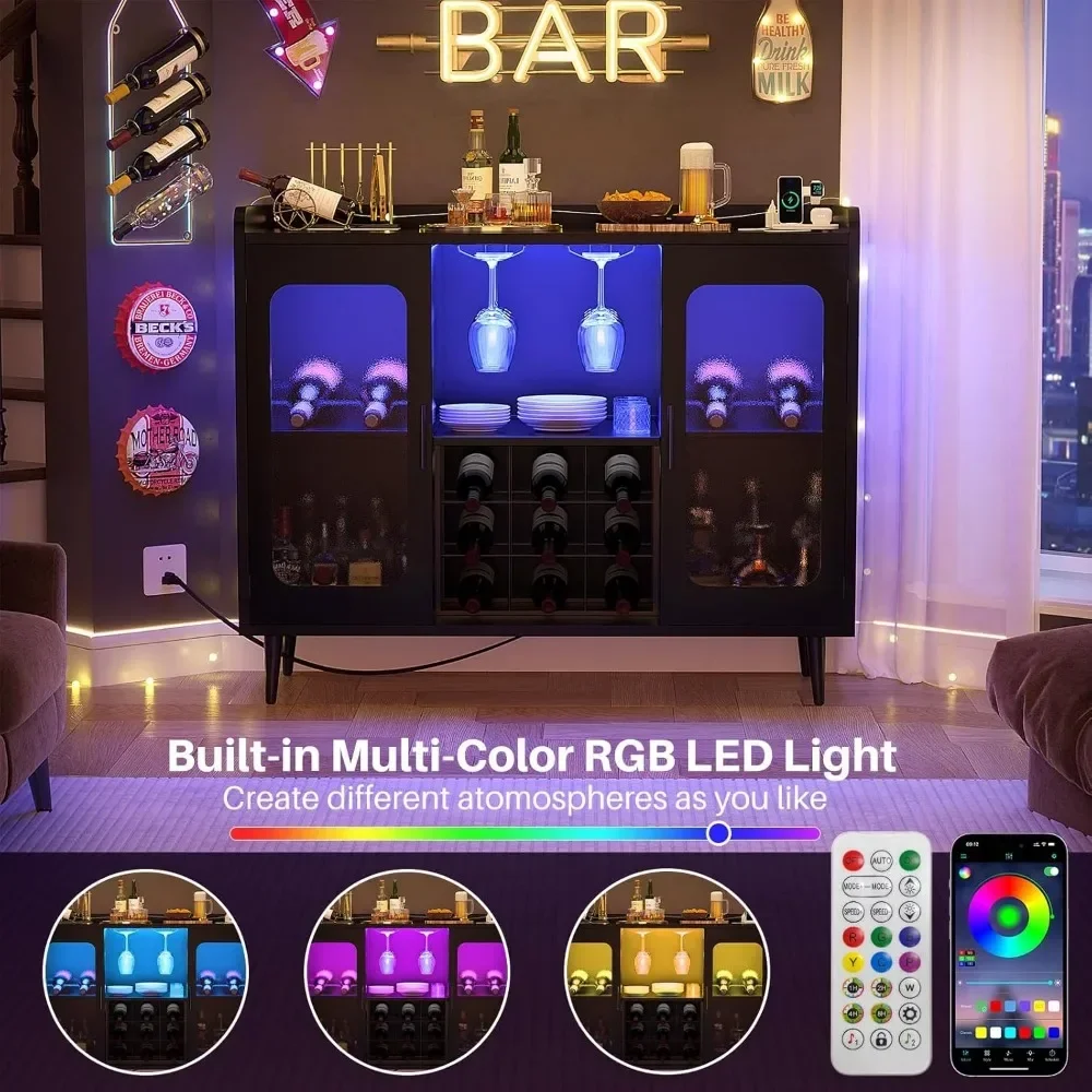 Bar Cabinet with Power Outlet, Liquor Cabinet Bar with LED Light and Glass Holder, Home Coffee Bar Cabinet, Buffet Sideboard