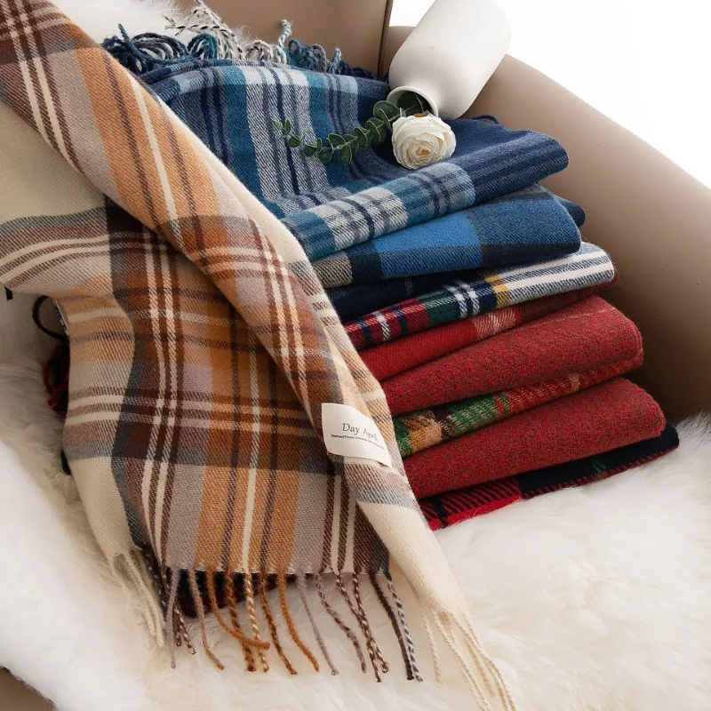 Bufanda a cuadros de Navidad para mujer, chal cálido de imitación de Cachemira con borlas, Otoño e Invierno