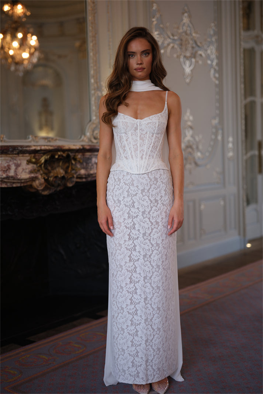Kyoto Customized Ivory Lace Embroidery Corset Wedding Dress Spaghetti Straps Robe de mariée Floor-length With Slit Formal Gown