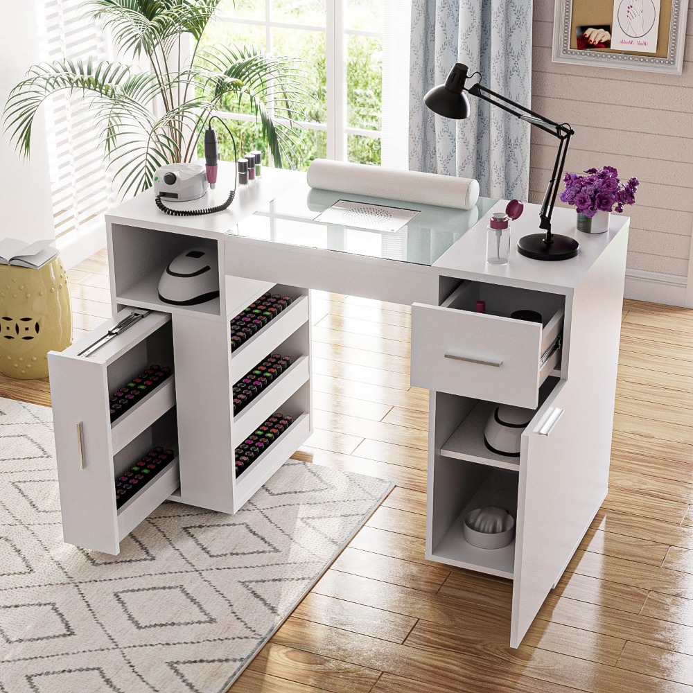 Nail Tables.Manicure Table Nail Desk for Nail Tech with Glass Top&Wrist Rest, Acetone Resistant  Table Station with2Dust Bag