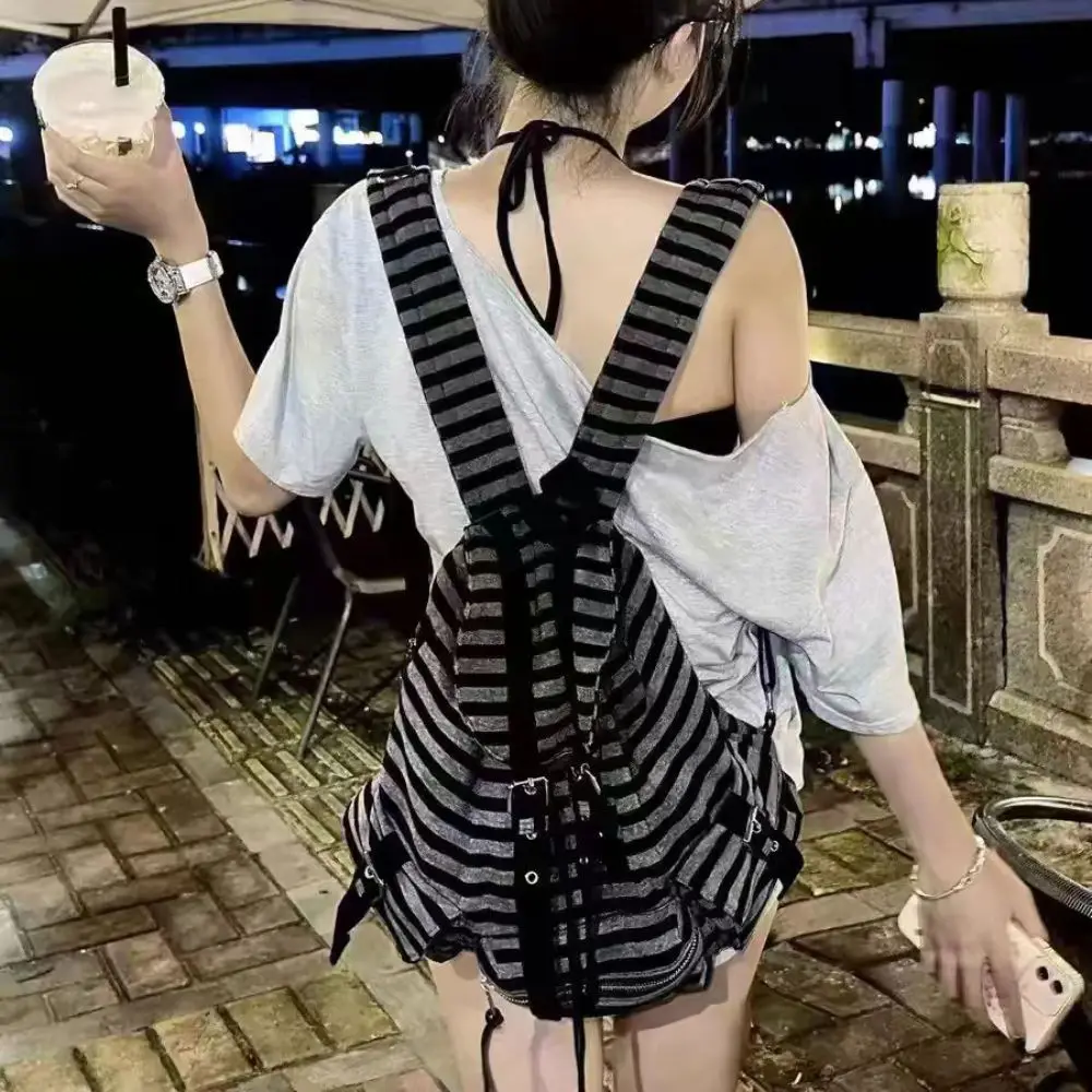 High Quality Korean Style Backpacks Drawstring Design Flat Stripe Bookbags Large Capacity Soft Tote Bags Unisex